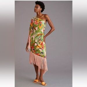 FARM Rio One Shoulder Fringe Macaw Tropical Midi Dress Size Small